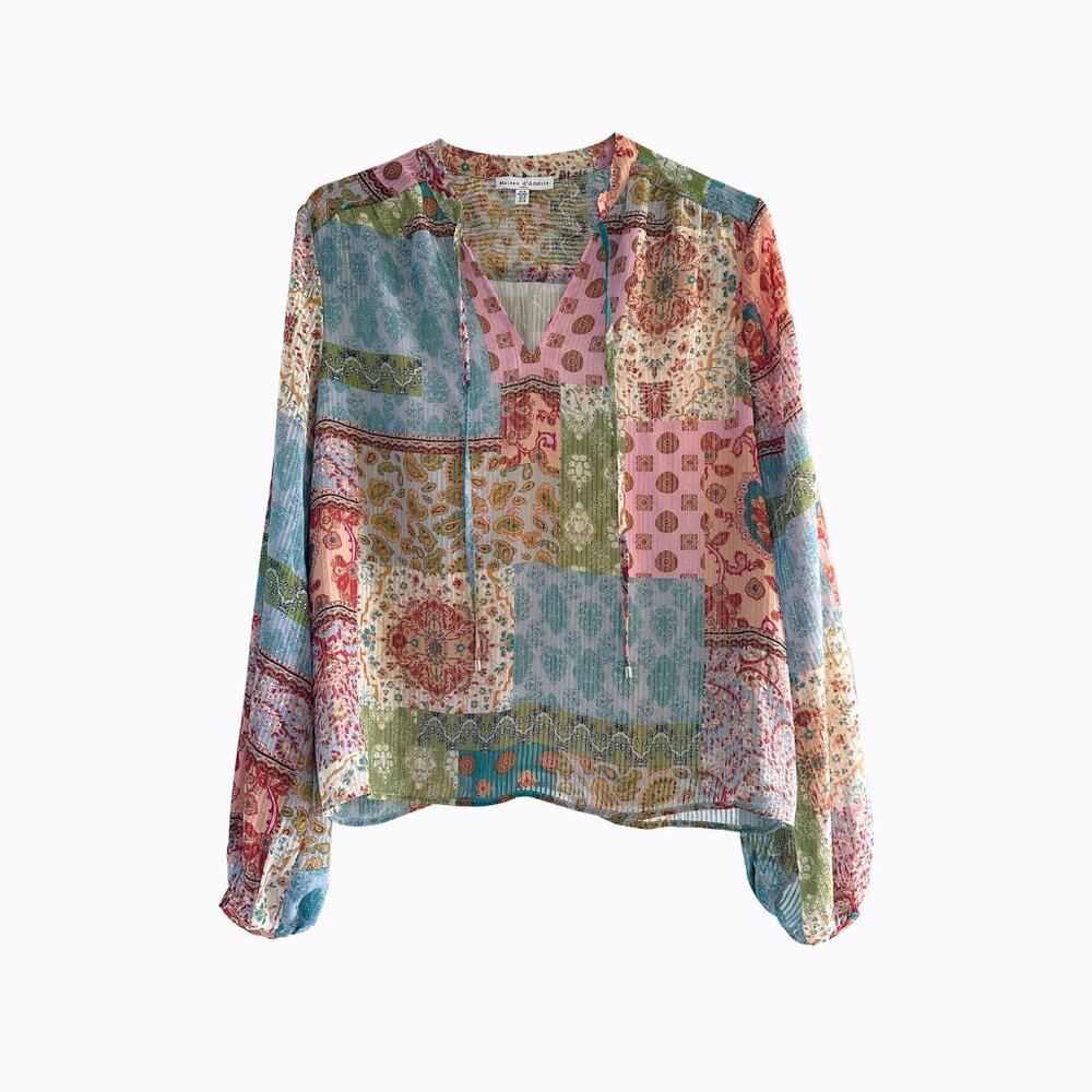 Pastel Patchwork Boho Peasant Blouse M Floral Indie Flowy Boho Art Hippie Spring